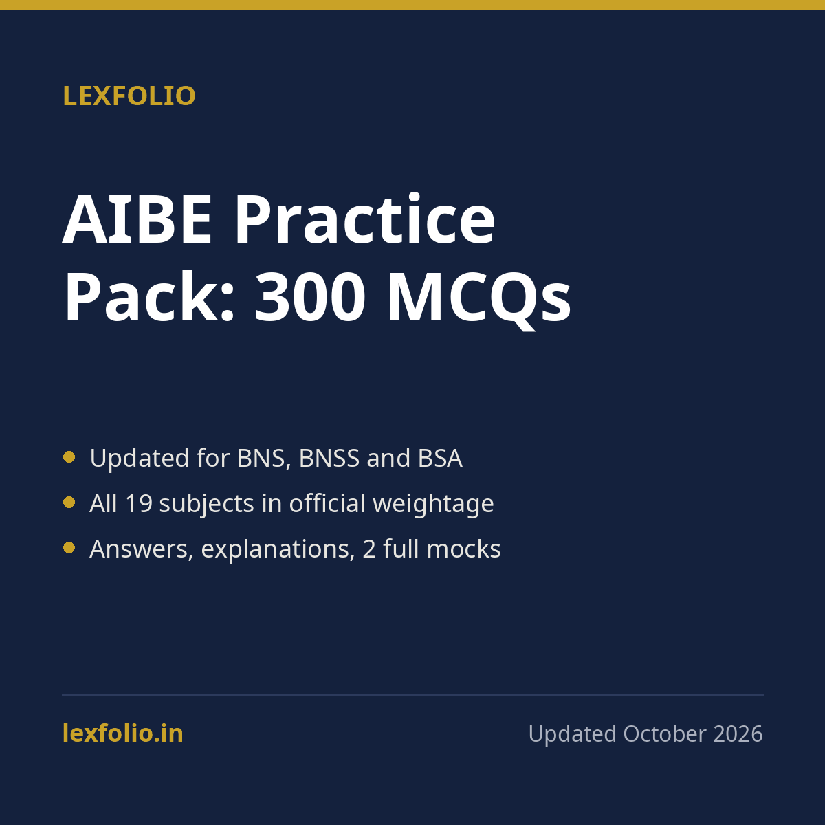 AIBE Practice Pack: 300 MCQs with Explanations (Updated for BNS, BNSS and BSA)