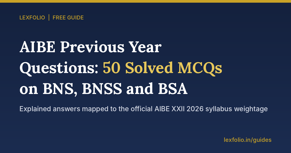 AIBE previous year questions: 50 solved MCQs on BNS, BNSS and BSA, Lexfolio free guide cover