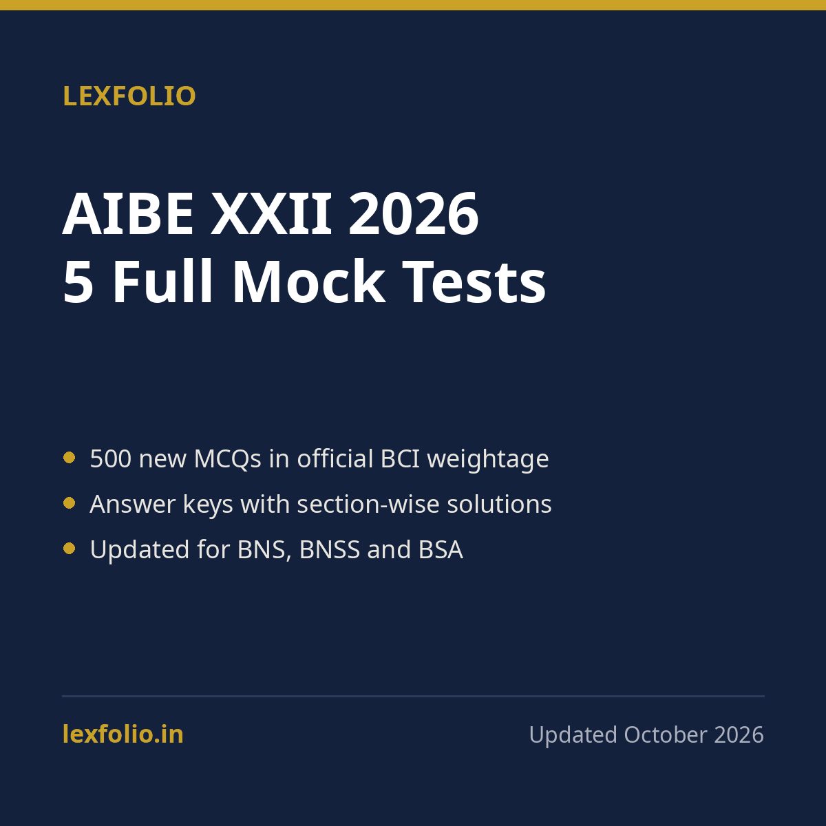 AIBE XXII (2026) Full Length Mock Tests: 5 Papers, 500 Questions with Explanations